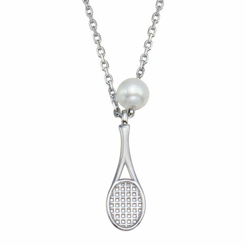 925 Fine Sterling Silver Synthetic Mother of Pearl Tennis Racket Necklace