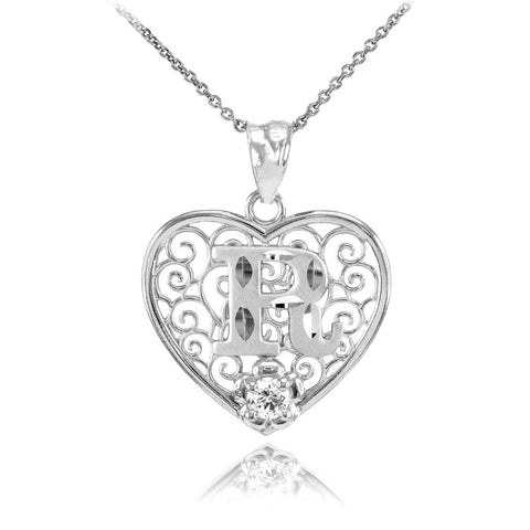 925 Sterling Silver Filigree Heart CZ Initial Letter R Pendant Necklace