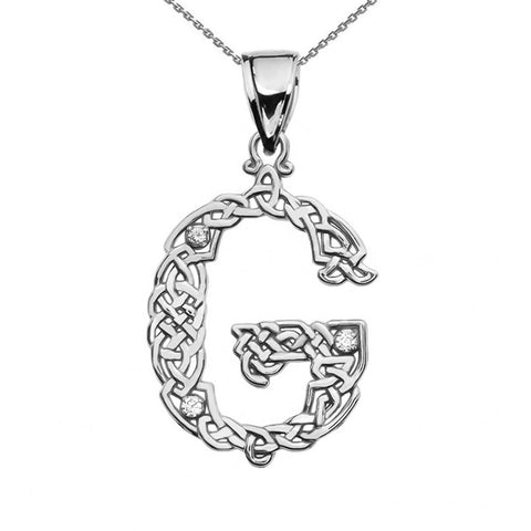 Sterling Silver CZ Celtic Knot Pattern Initial Letter G Pendant Charm Necklace