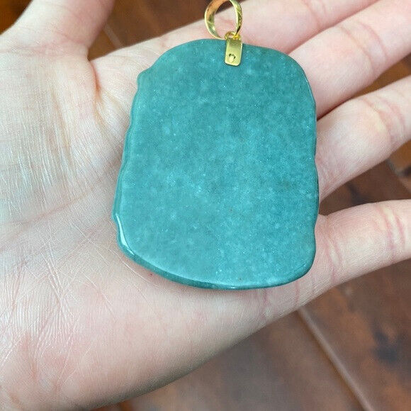 14K Solid Real Yellow Gold Carved Dragon Natural Jade Pendant Green Men Carving
