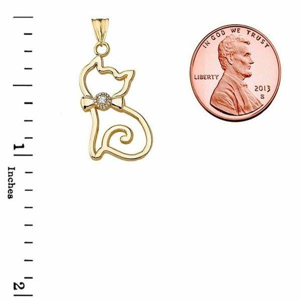 Solid 10k Yellow Gold Openwork Diamond Cat Pendant Necklace
