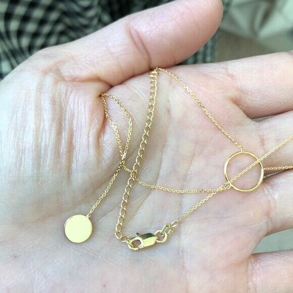 14K Solid Yellow Gold Dangle Drop Hawley St. Circle Disk Disc Lariat Necklace