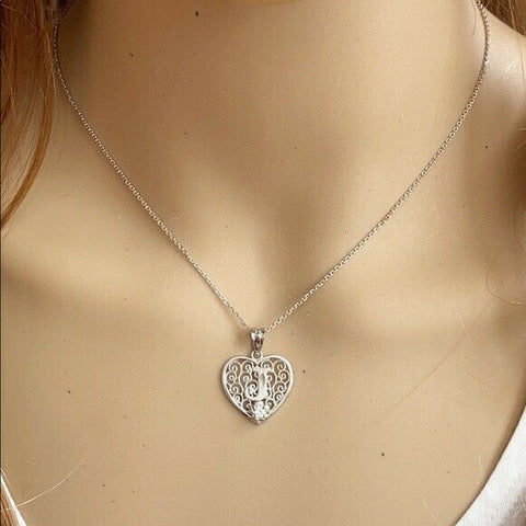 925 Sterling Silver Filigree Heart CZ Initial Letter J Pendant Necklace