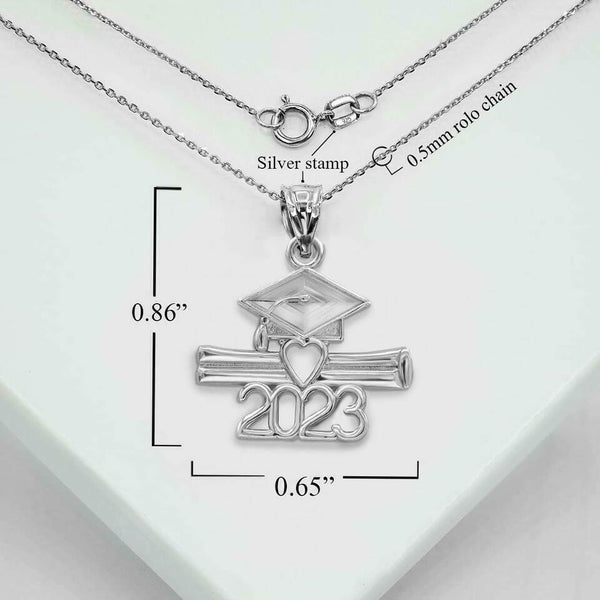 925 Sterling Silver Class of 2023 Graduation Diploma and Cap Pendant Necklace