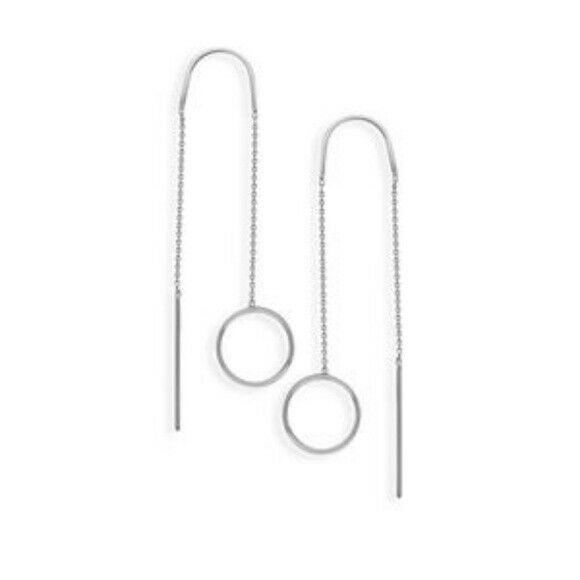 14K Solid White Gold Open Disc/ Disk  Round Threader Earrings