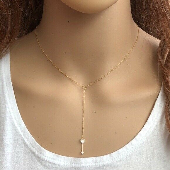 14K Solid Gold CZ Arrow Drop Dangle Lariat Necklace 16"-18" (White, Yellow,Rose