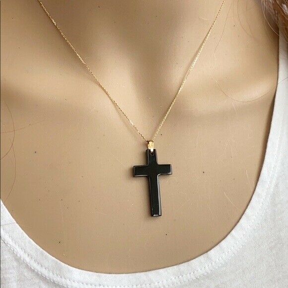 Real Yellow Gold Black Cross Religious Pendant - PP22