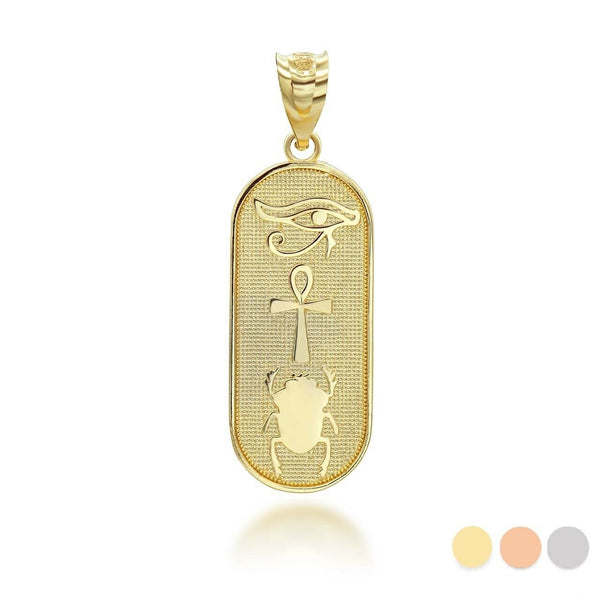 10K Solid Gold Egyptian Symbol Eye of Horus Ankh Scarab Beetle Pendant Necklace