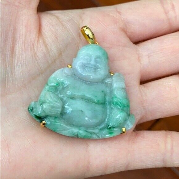 14K Solid Real Gold Natural Jadeite Jade Happy Laughing Buddha Pendant 705