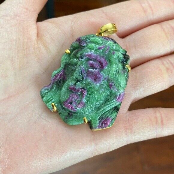 14K Real Solid Gold Natural Ruby Carved Jesus Christ Head Pendant Charm Large