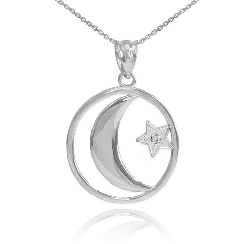 925 Sterling Silver Crescent Moon with CZ Star Islamic Pendant Necklace