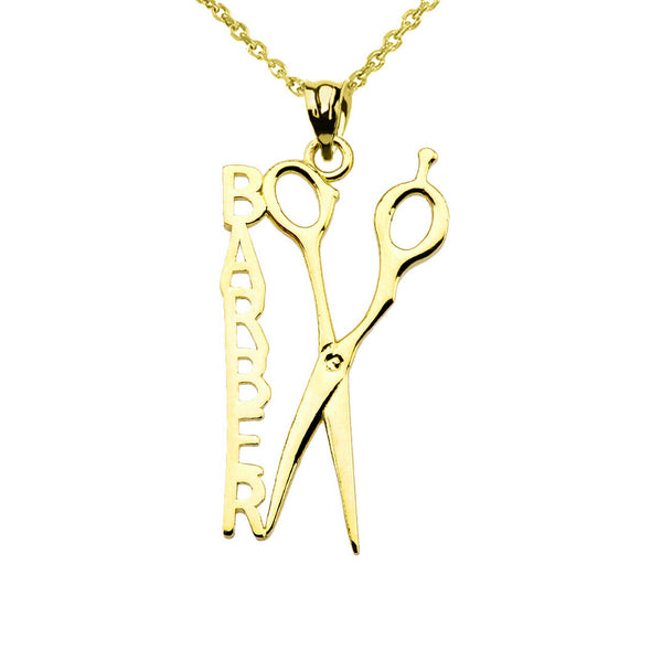 14K Solid Yellow Gold Barber Hairstylist Scissors Pendant Necklace