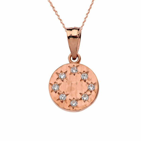 Solid 14k Rose Gold Small Hammered Diamond Round Pendant Necklace
