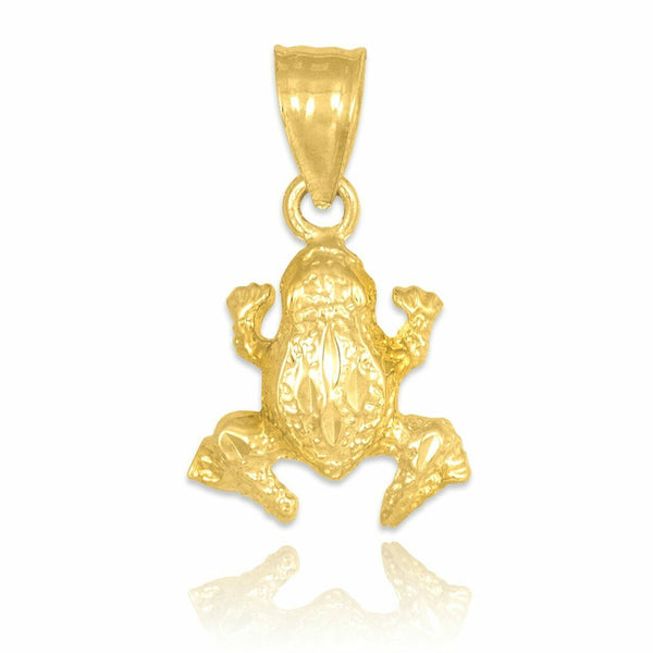 Solid 14k Yellow Gold Small Textured Gold Frog Charm Pendant Necklace