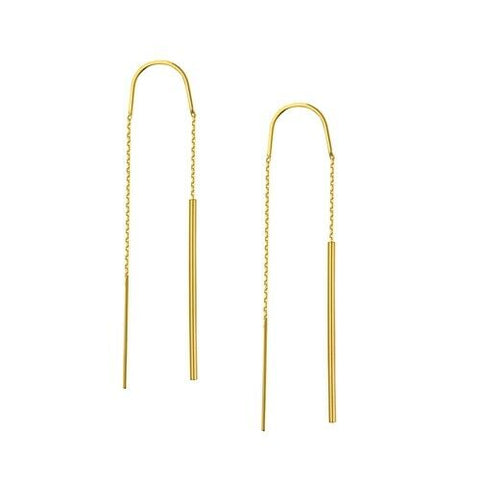 14K Solid Yellow Gold Stick Dangle Drop Chain Threader Earrings