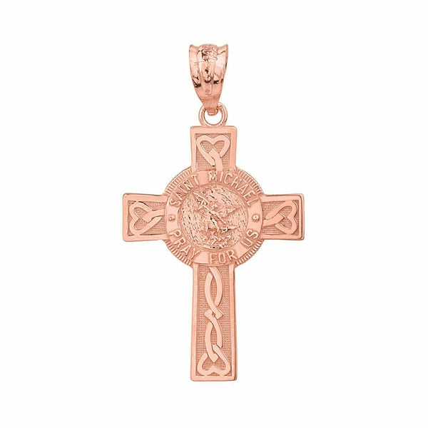 10k Rose Gold St. Saint Michael Pray For Us Celtic Heart Cross Pendant Necklace