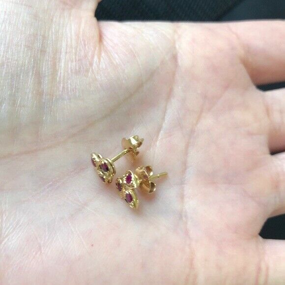 Small 14K Solid Yellow Gold Leaf Red Ruby Stud Earrings -301