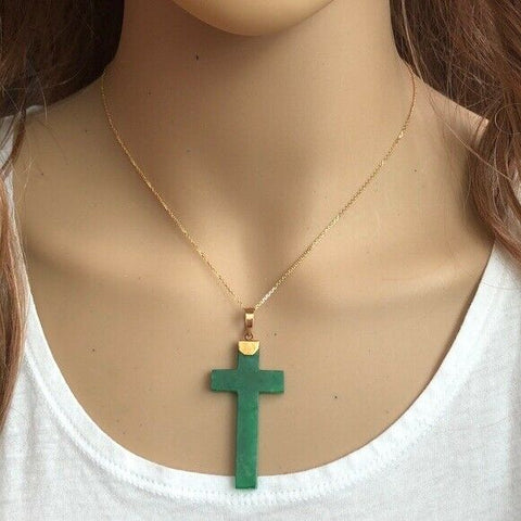 14K Solid Gold Green Jade Cross Pendant / Charm Dainty Adjustable Necklace