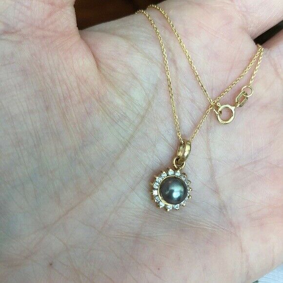 14K Solid Gold Small Gray Pearl CZ Pendant /Charm Dainty Necklace - Minimalist