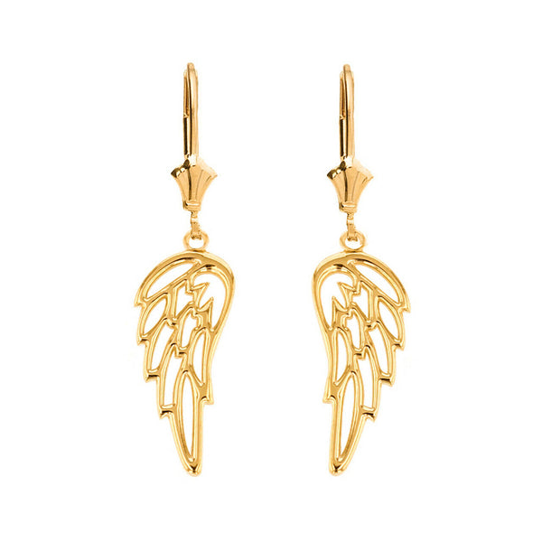 10k Solid Yellow Gold Dangling Filigree Guardian Angel Wing Leverback Earrings