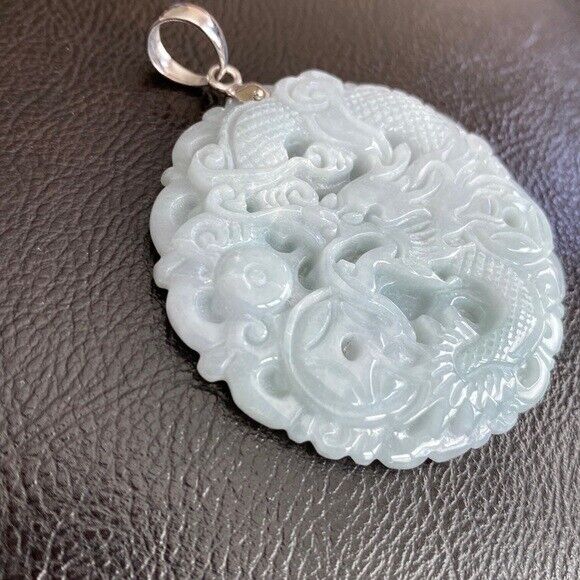 925 Sterling Silver Carving Jade Dragon Large Pendant Necklace