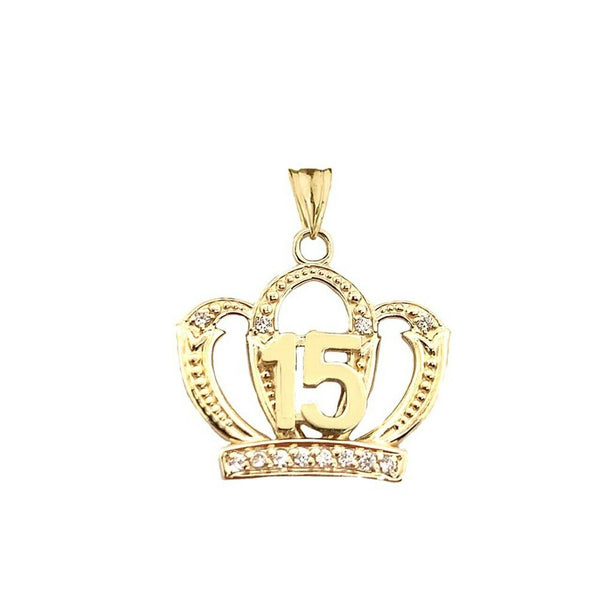 10k Solid Gold Quinceanera Sweet 15 Anos Princess Crown Pendant Necklace