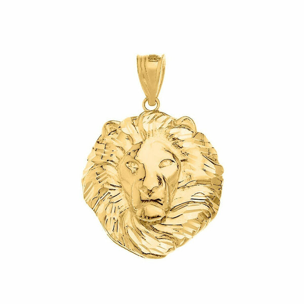 14K Solid Fine Yellow Gold Men's Textured Lion Head Small Pendant Necklace