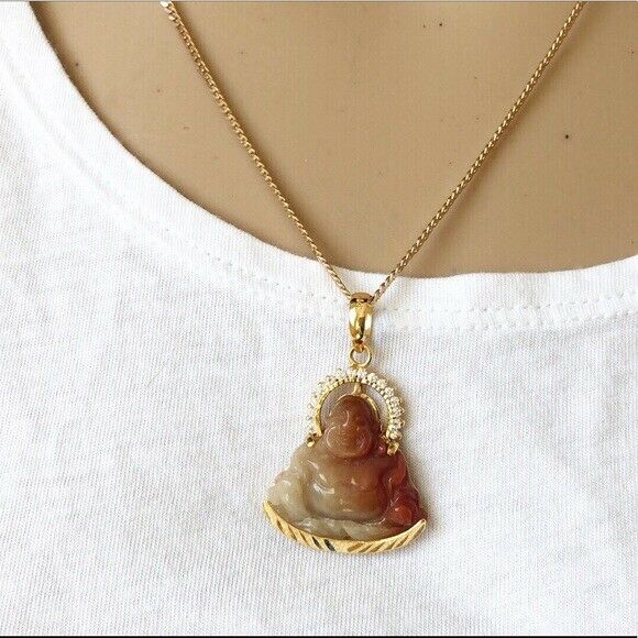 14K Solid Gold Happy Laughing Buddha Red Jade Religious Pendant -520