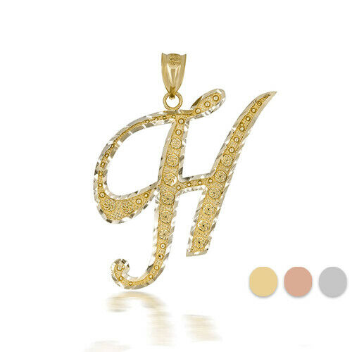 10k Solid Yellow Gold Cursive Initial Letter H Pendant Necklace