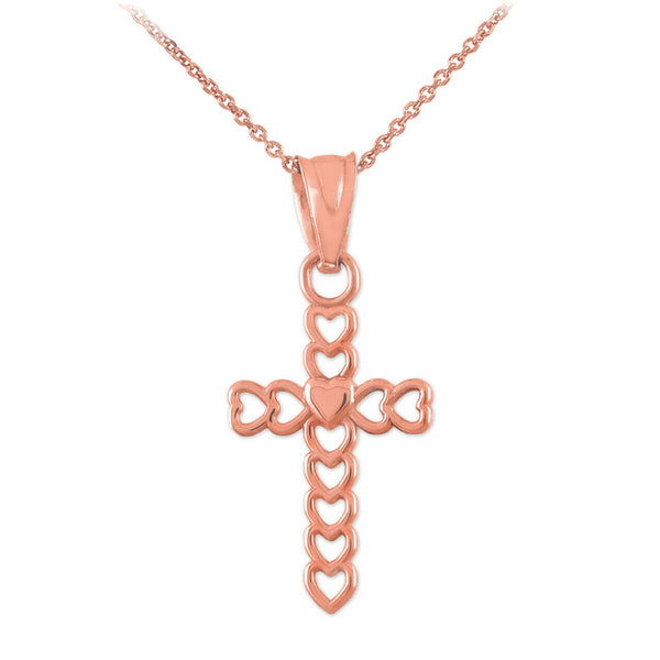 10K Solid Gold Open Hearts Cross Pendant Necklace - Yellow, Rose, or White