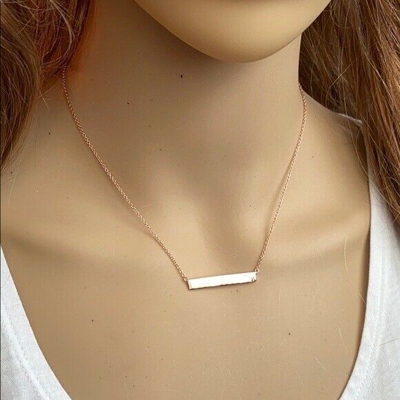 Sterling Silver Rose Gold Horizontal Bar Geometric Diamond Necklace Minimalist