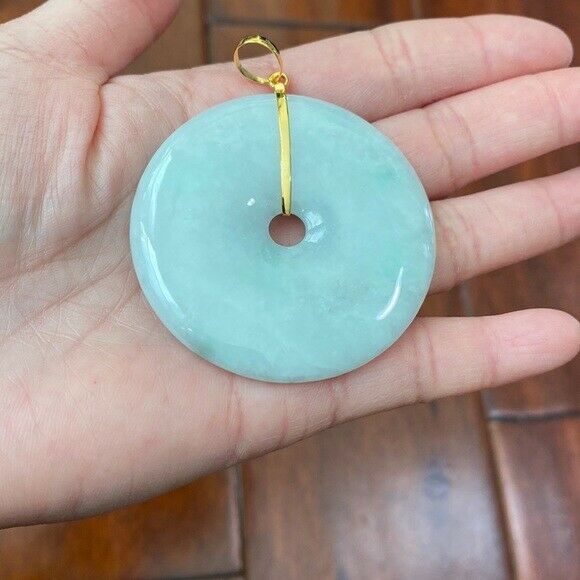 14K Solid Yellow Gold Round XLarge Donut Natural Jade Pendant Charm Light Green