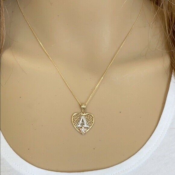 10k Solid Gold Initial Letter A Heart Filigree CZ Pendant Necklace