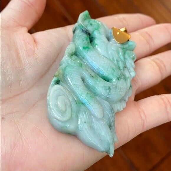 14K Large Real Gold Natural Jadeite Jade Carved Dragon Pendant 706 Heavy Thick