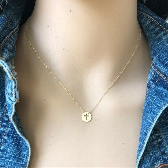 14K Solid Gold Mini Disk Round Disc Dainty Necklace - Minimalist Adjust 16"-18"