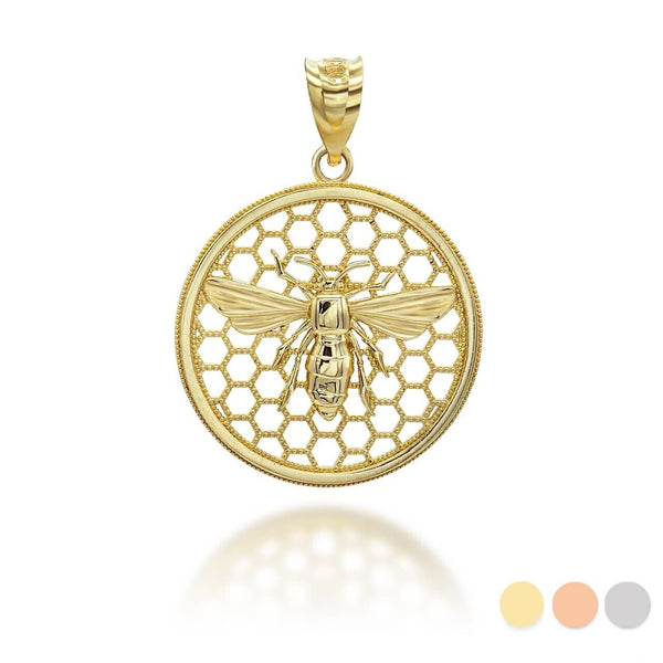 10K Solid Gold Queen Bee Honey Comb Pendant Necklace - Yellow, Rose, or White