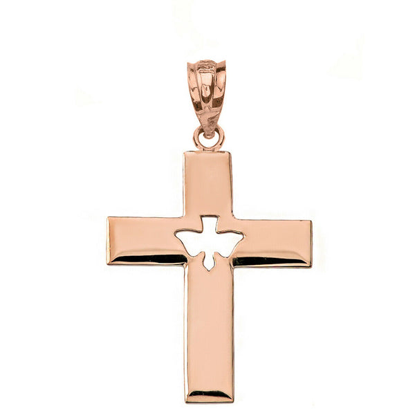14K Solid Gold Religious Cross With Cut-Out Holy Spirit Dove Pendant Necklace