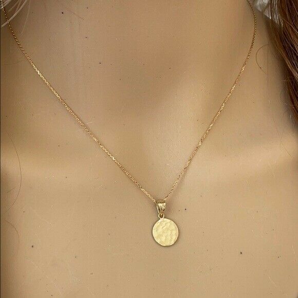 Solid 10k Yellow Gold Mini Hammered Round Small Disk Disc Pendant Necklace