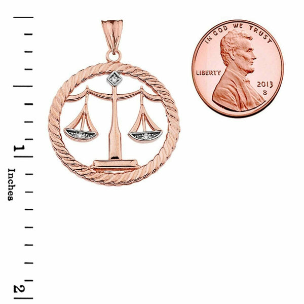 Solid 14k Rose Gold Diamond Scales of Justice Rope Pendant Necklace