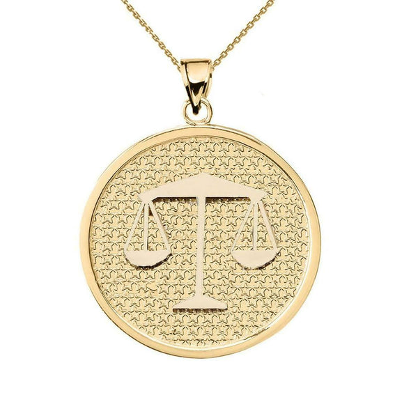 10K Solid Gold Libra Zodiac Sign Disc Round Pendant Necklace 16" 18" 20" 22"