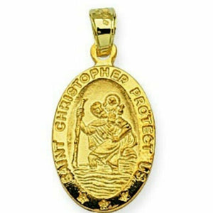 Solid 14k Real Yellow Gold Saint St. Christopher Protect us Pendant Charm