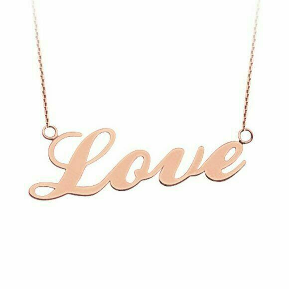 14K Solid Rose Gold Love Script Cut Out Necklace - Minimalist Adjustable