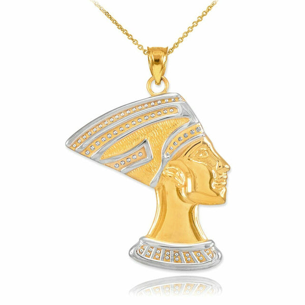 Two-Tone Gold Queen Nefertiti Pendant Pyramid Egypt Mummy Royalty Power Wisdom