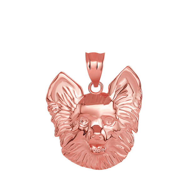 Solid Gold Dog Pomeranian Head Detailed Dog Sports Pendant Necklace