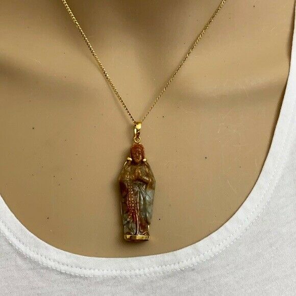 14K Solid Gold The Blessed Virgin Mary Prayer Carved Natural Red Jade Pendant