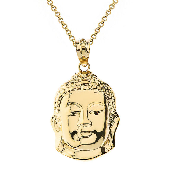 10k Yellow Gold Asian Zen Buddha Head Spiritual Pendant Necklace (Medium, Small)