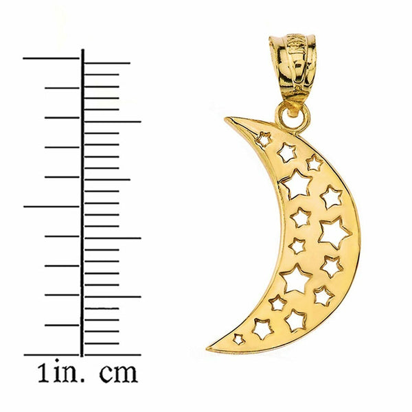 Solid 14k Yellow Gold Dreaming Moon Crescent Stars Pendant Necklace