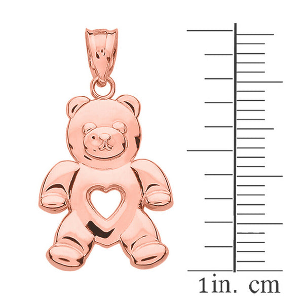10K Solid Gold Open Heart Love Bear Pendant Necklace - Yellow, Rose, or White