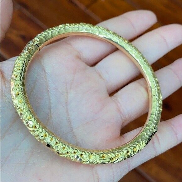 18K Real Fine Yellow Gold Engraved Dragon Phoenix Round Bangle Bracelet 58 mm