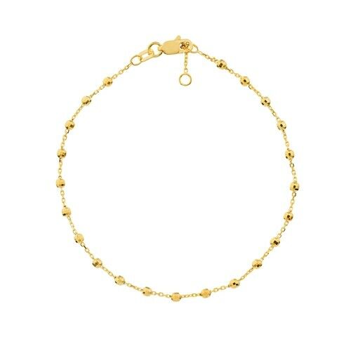 14K Solid Gold 2.5 mm DC Bead Station Adjustable Bracelet 7.5" Yellow White Rose